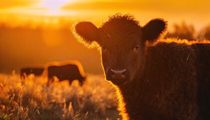 galloway calf portrait in the orange colors of sunset