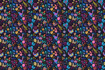 Fototapeta premium Colorful folk art pattern with birds and hearts on dark