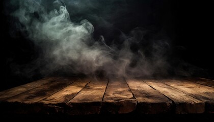 Obraz premium old wood table top with smoke in the dark background