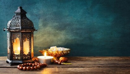 islamic greeting eid mubarak cards for muslim holidays eid ul adha festival celebration arabic ramadan lantern on wooden table