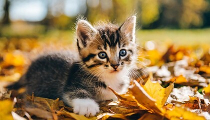 Naklejka na ściany i meble kitten playing in yellow autumn leaves
