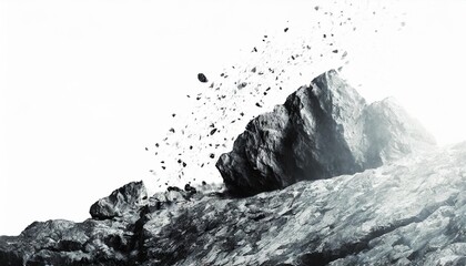 rock stone white background fall black falling space isolated splash dust mountain cliff flying...