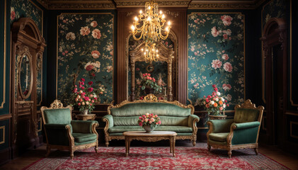 Obraz premium Luxurious interior of the royal palace. Classic vintage furniture, armchairs and furniture.
