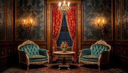 Interior of a luxury room with armchairs and a table. - obrazy, fototapety, plakaty