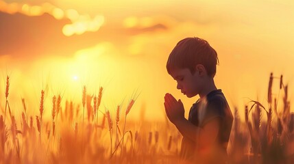 little boy praying in wheat field at sunset christian faith concept illustration