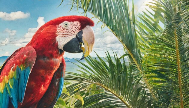 colourful parrot tropical wildlife illustration vibrant island scenes with palm trees and exotic animal vintage wallpaper nature inspired art tropical decor wildlife artwork