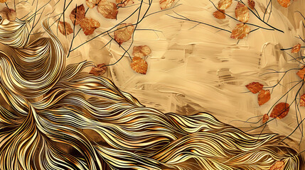 Abstract  background. Golden leaves and branches on a brown background. Ai generative.