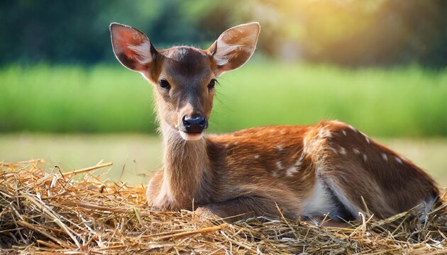 deer in the meadow a calf lying on the straw farm with the gentle rays of the sun streaming in