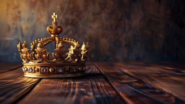 low key image of royal gold crown on old wooden table vintage filtered