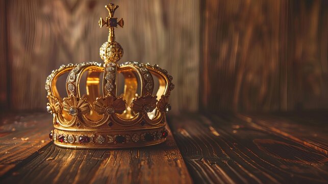 low key image of royal gold crown on old wooden table vintage filtered