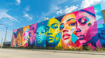A large, colorful mural adorning a city wall, depicting scenes of love, diversity, and unity among LGBTQ+ individuals, serving as a symbol of community pride