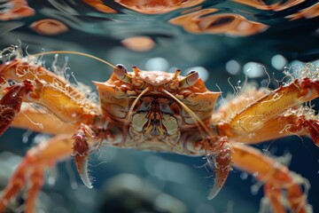 Vivid close-up of a crab floating underwater, surrounded by bubbles. Underwater View of a Colorful Crab