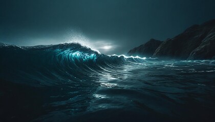 a wave on electric blue waters with a foggy sky in a 3d rendering