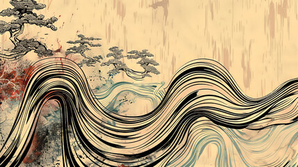 Beautiful Japanese traditional abstract art illustration with bonsai. Ai generative