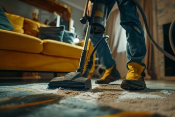 Person in yellow gloves using a modern vacuum cleaner on a textured carpet. Cleaning Carpet with Modern Vacuum Cleaner - obrazy, fototapety, plakaty