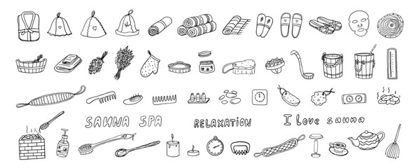 Set of sauna and spa theme in doodle style. Wellness,  relaxation, enjoy, joy, bathhouse. Hand drawn. Great for banner, posters, stickers and professional design.