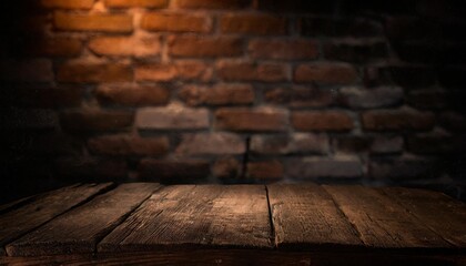 old wooden table with brick background dark