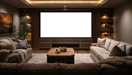 Modern interior of living room with tv set and mountains in the background