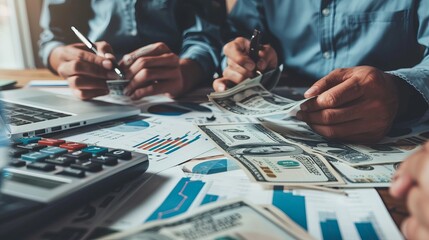 Investors calculating investment costs and holding cash notes in hand are portrayed, focusing on financial planning and analysis - obrazy, fototapety, plakaty