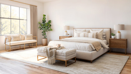 Interior of modern bedroom with white walls, wooden floor, comfortable king size bed with beige blanket and armchair. 3d render