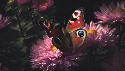 graceful butterfly peacock eye sits on a pink aster