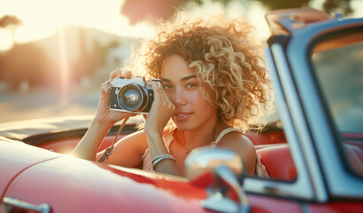 Joyful woman capturing memories in vintage car with a retro film camera during golden hour. Travel...