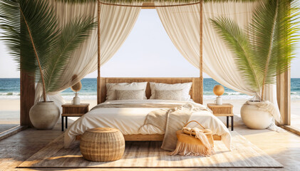 Comfortable bed with pillows on the beach in the tropics