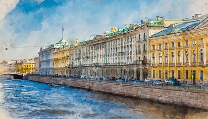 watercolor painting of nevskiy prospect in saint petersburg russia the house of zinger and...