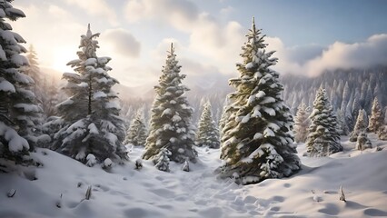 Fototapeta na wymiar Winter Wonderland: Christmas Trees Covered with Snow in the Jungle