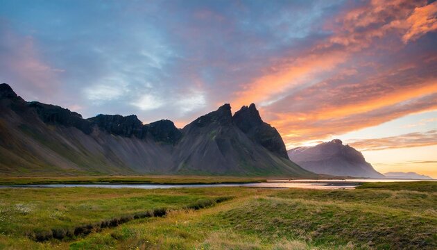 incredible iceland nature landscape during sunset scenic image of iceland with grassy meadow and vivid sky on background iceland is a counry of stunning natura landscape and travel dectinations