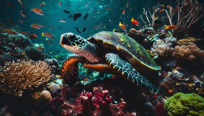 turtle with group of colorful fish and sea animals with colorful coral underwater in ocean ai generative