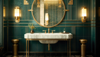 Luxury bathroom interior with round mirror on the wall, 3d render