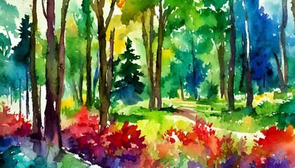 watercolor forest green beige and red trees bushes view of the forest landscape beautiful summer...