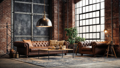 Interior of loft living room with brown leather sofa and brick wall. 3d render