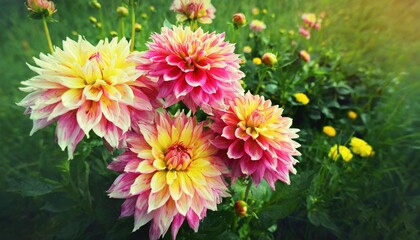 vibrant pink yellow dahlia flowers on green field background bouquet of yellow daisy flower pink chrysanthemum on green leaves summer garden autumn green filed landscape flowers growing on meadow