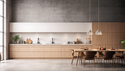 Interior of modern kitchen with gray walls, concrete floor, wooden cupboards and wooden countertops. 3d rendering - obrazy, fototapety, plakaty