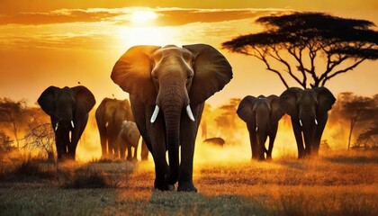 a herd of elephants walking across a dry grass field at sunset with the sun in the background and a few trees in the foreground generative ai - obrazy, fototapety, plakaty