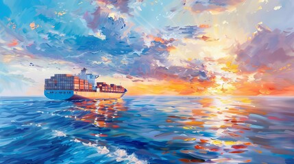 majestic container ship navigating vast ocean at sunset serene seascape breathtaking sky oil painting - obrazy, fototapety, plakaty