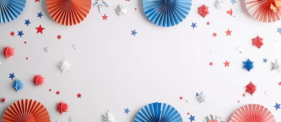 3D red and blue paper fans and stars on white background with copy space. Holiday concept for 4th of July, President's Day, Independence Day, US National Day, Labor Day, Fourth of July - Powered by Adobe