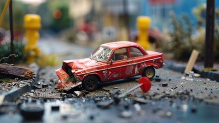 realistic miniature car accident. - obrazy, fototapety, plakaty