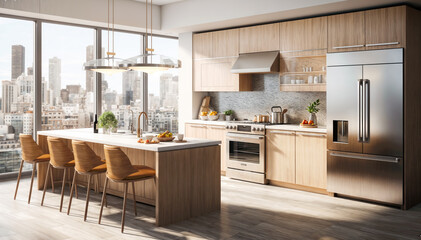 Luxury kitchen interior with wooden walls, hardwood floor, panoramic window and city view. 3d rendering