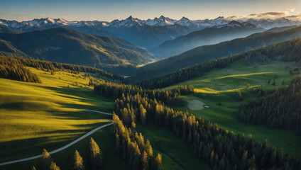Alpine meadows from an aerial view, natural carbon offsetting landscapes. - obrazy, fototapety, plakaty
