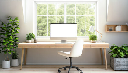 Fototapeta premium Workplace with computer on wooden desk in modern office. 3D Rendering