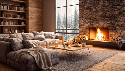Cozy living room interior with fireplace and wooden wall. 3d render