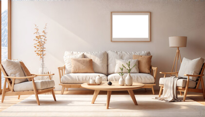 Modern living room interior with sofa, coffee table and plant. 3d render