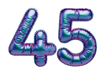 45. Glossy blue-green inflatable balloon with the digit forty-five. Holographic volumetric numbers isolated on a transparent background. For anniversaries, birthdays, sales, greeting cards.
