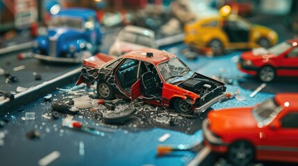 realistic miniature car accident. - obrazy, fototapety, plakaty