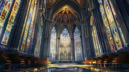 Fototapeta na wymiar majestic gothic cathedral interior with intricate stained glass windows arched ceilings and ornate mosaic frames digital painting