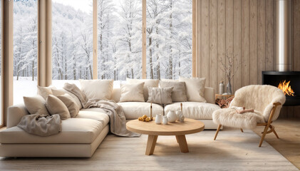 Interior of modern living room with winter forest view 3D rendering - obrazy, fototapety, plakaty