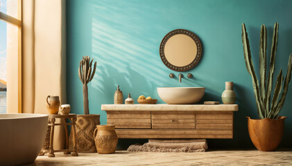 Bathroom interior with bathtub, mirror and cacti. 3d render